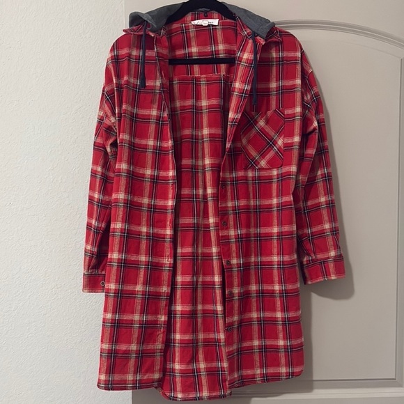 Love Tree Red Plaid removable Hood long cardigan shirt with pockets M - Picture 1 of 11